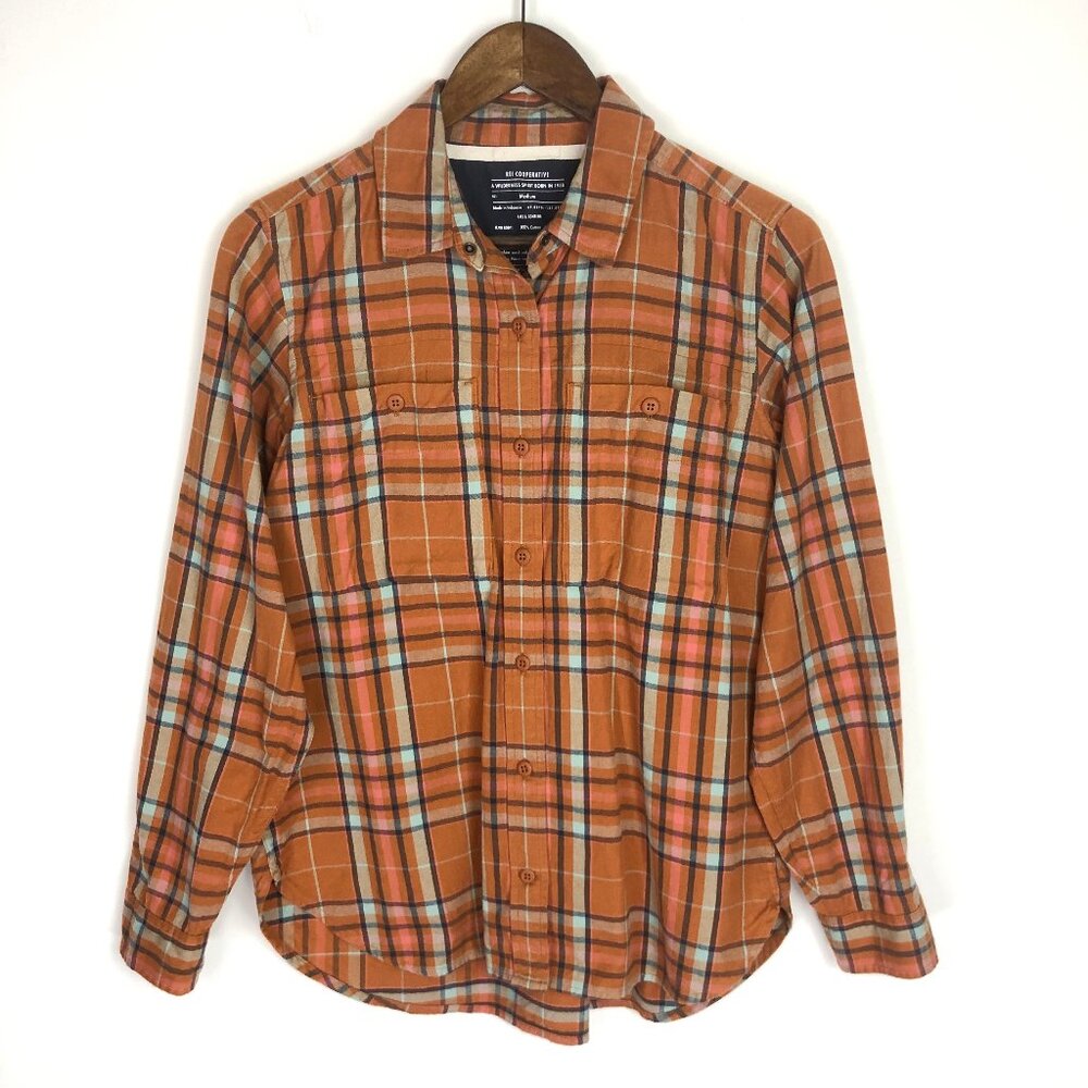 REI Cooperative WALLACE LAKE FLANNEL SHIRT PLAID ORANGE RUST CAMP WOMEN'S Size M
